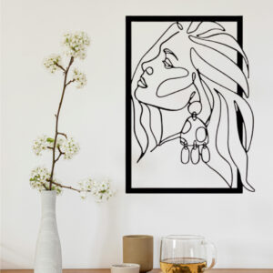 Silueta decorativa de mujer con arete colgante, diseño en línea continua en MDF negro, estilo minimalista bohemio para pared.